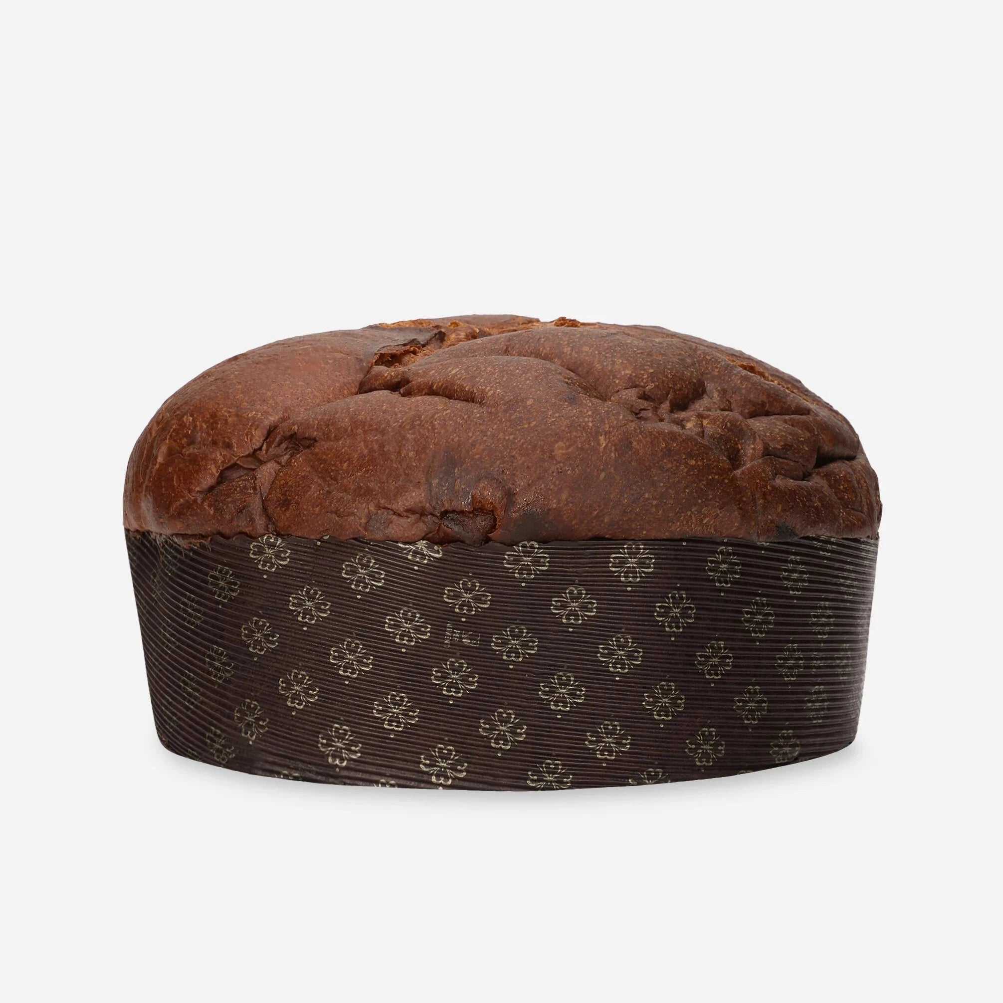Brown loaf of bread with a decorative brown paper bag on a white background