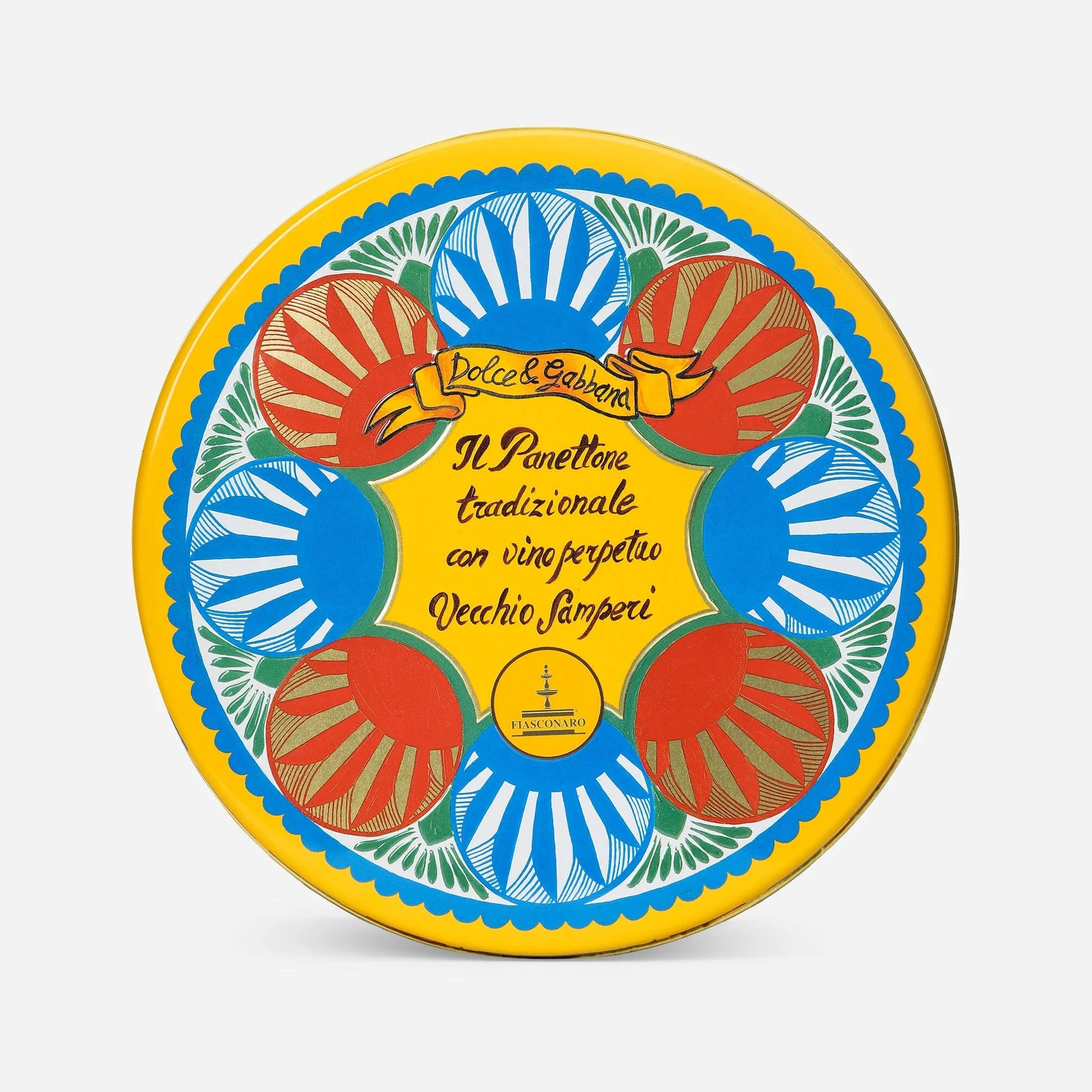 Decorative tin with colorful design and text on a white background