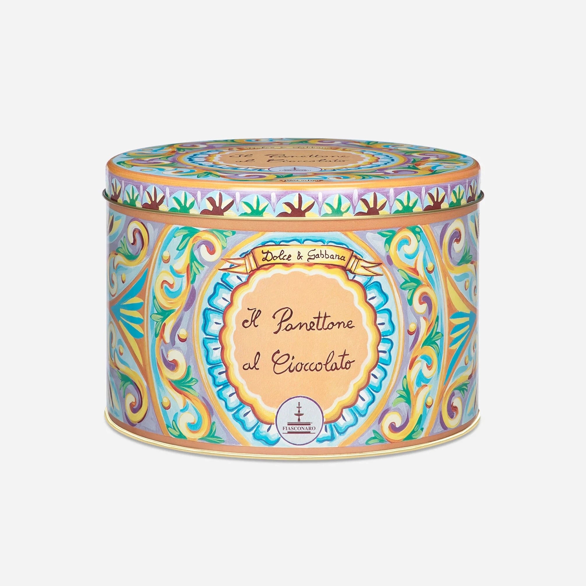 Decorative tin canister with colorful design on a white background