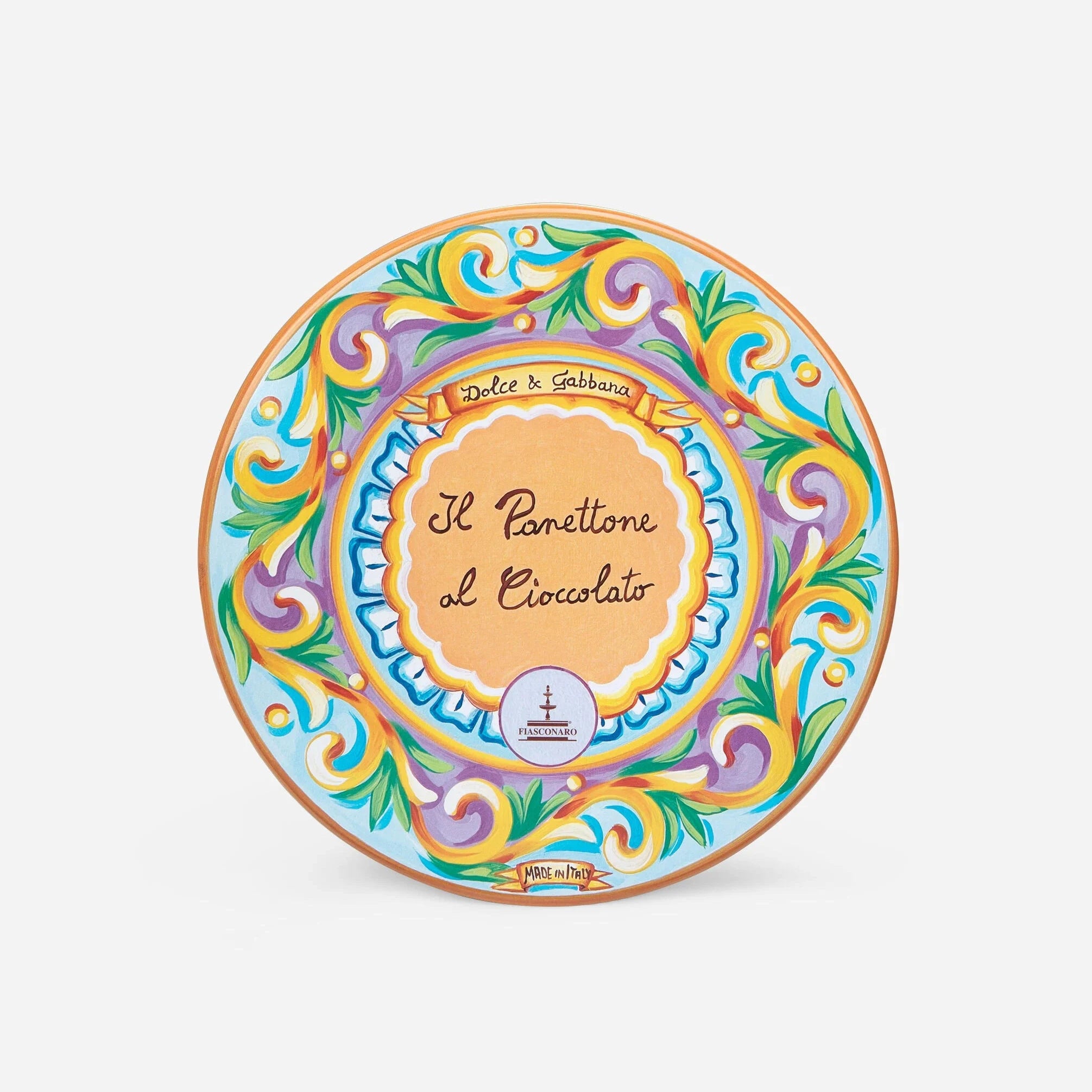 Decorative plate with colorful design and text on a white background
