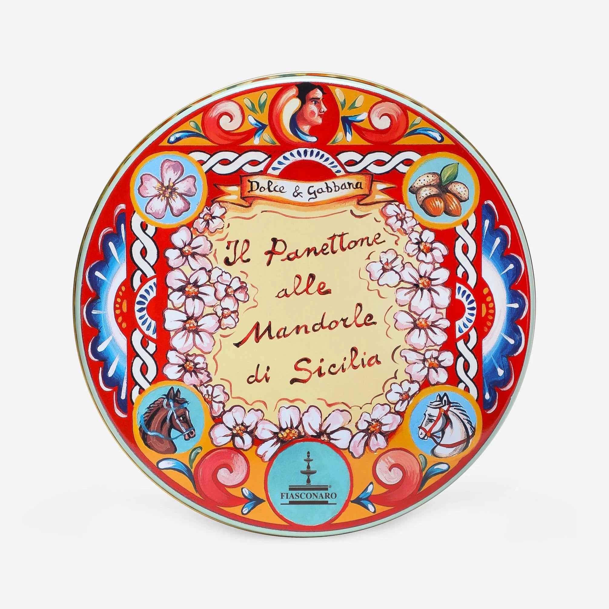 Decorative plate with colorful design and text on a white background
