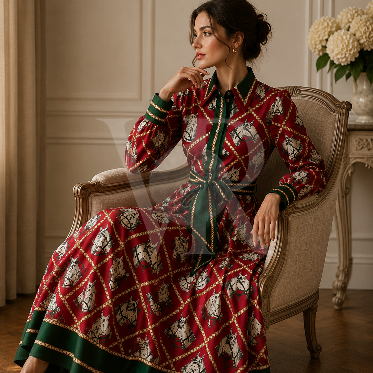 Ascot Equestrian Maxi Shirt Dress | Luxury Horse Print Belted Dress
